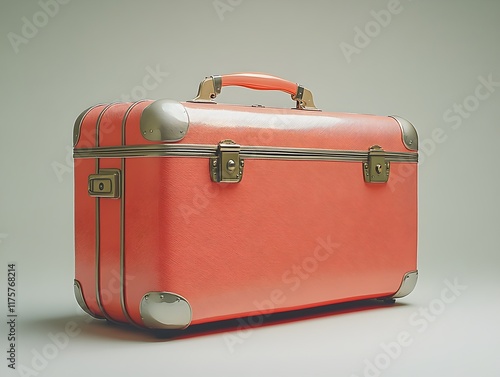 a wide-angle view features a vibrant coral suitcase against a muted beige background, embodying minimalism and sophistication.  photo