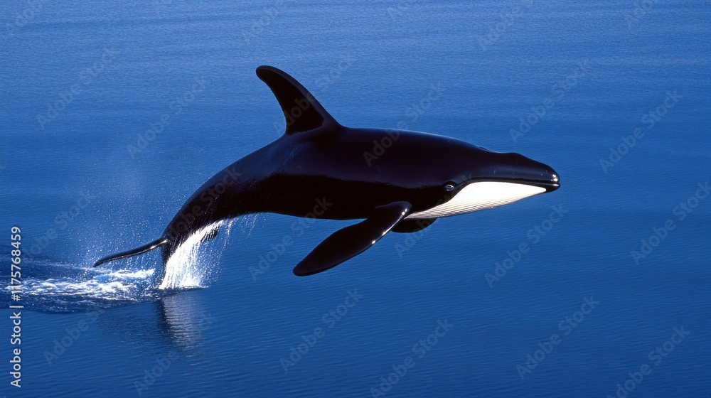 Fototapeta premium A dolphin leaping above the ocean surface in clear blue waters.