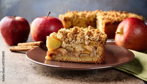 piece of fresh homemade apple and cinnamon crumb coffee cake