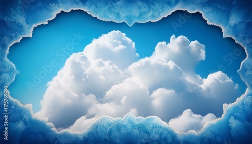 creative sky blue background with soft puffy cloudy white center with diminished antique textured border