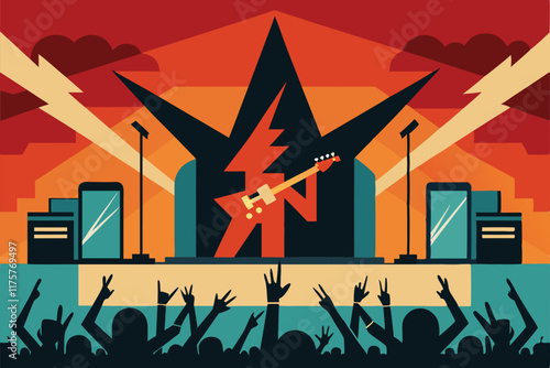 Crowds raise hands as a guitarist performs passionately on stage under colorful lights, Capture the essence of a rock concert in a sleek, modern design