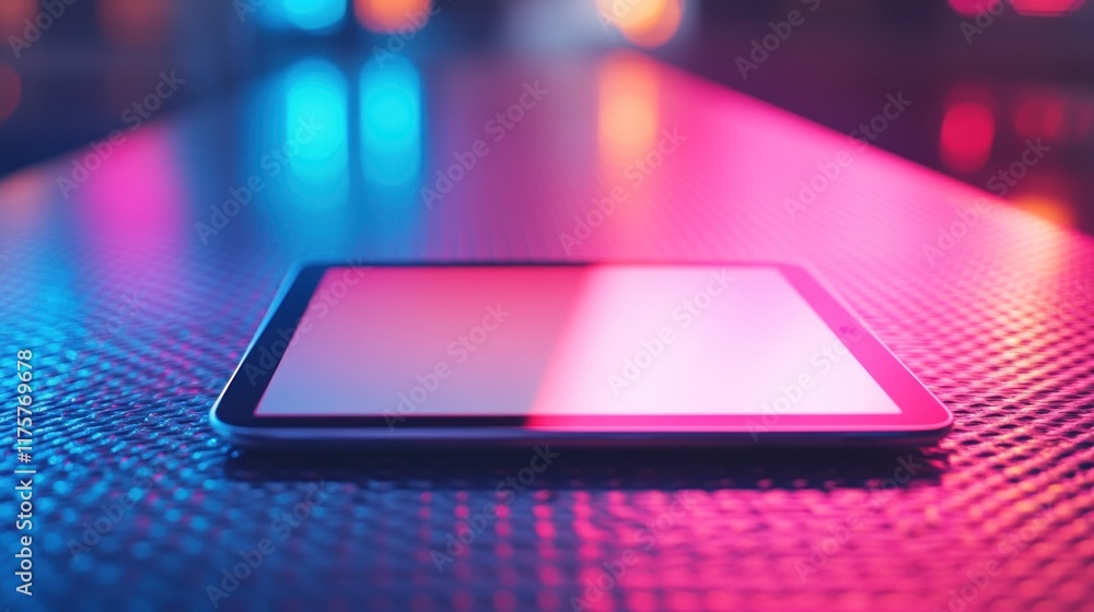 Tablet on a reflective surface with vibrant neon lighting. Tablet on a reflective surface with vibrant neon lighting.