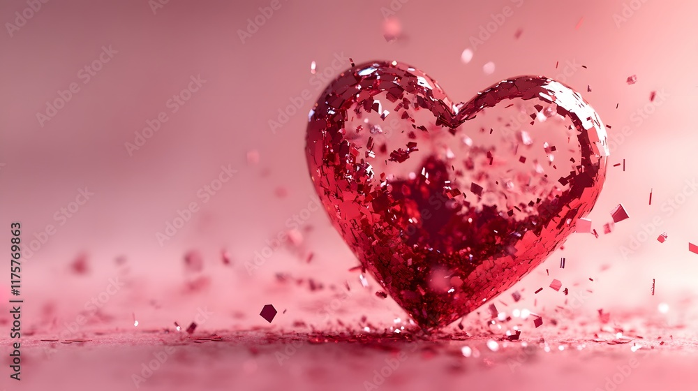 Fototapeta premium Shattered Red Heart Exploding Into Confetti Pieces