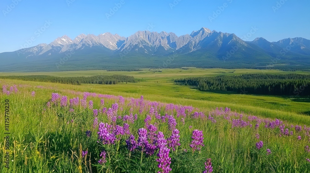 Scenic mountain landscape with purple wildflowers in foreground. Scenic mountain landscape with purple wildflowers in foreground.