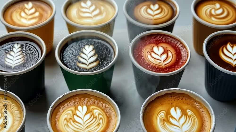 Delicious array of coffee drinks with stunning latte art displayed in various cups at a local cafe Delicious array of coffee drinks with stunning latte art displayed in various cups at a local cafe
