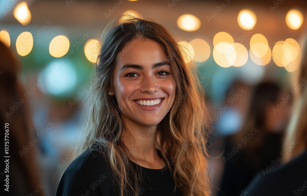 At a professional gathering, a happy young lady conversing with coworkers, At a professional gathering, a happy young lady conversing with coworkers,