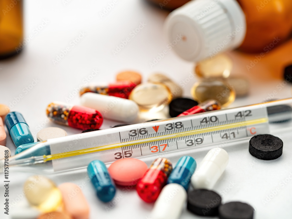 Varied medications and a thermometer laid out in a vivid display of health and wellness