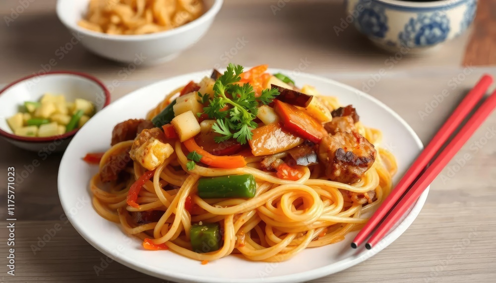Asian stir-fry noodles, wooden table, food photography, ready to eat Asian stir-fry noodles, wooden table, food photography, ready to eat