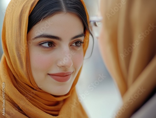 Woman with headscarf looking at another woman photo