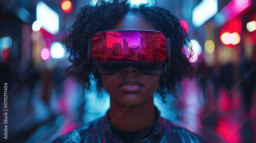 Woman Experiencing Virtual Reality in Neon Cityscape Woman Experiencing Virtual Reality in Neon Cityscape