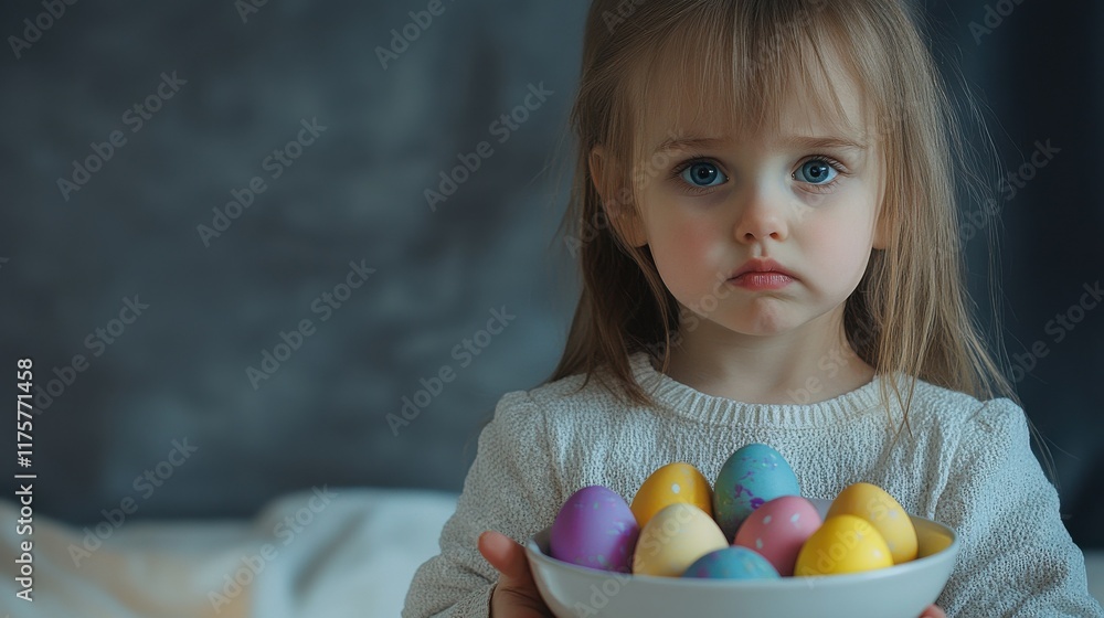 easter, holiday and child concept - close up of little girl holding bowl with colored eggs easter, holiday and child concept - close up of little girl holding bowl with colored eggs