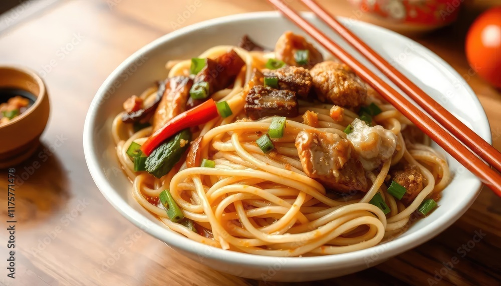 Asian noodle dish on a table with chopsticks Asian noodle dish on a table with chopsticks