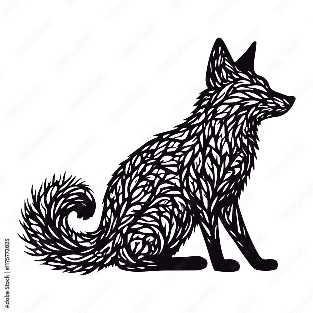 Obraz premium Cute silhouette fox branches black vector illustration 