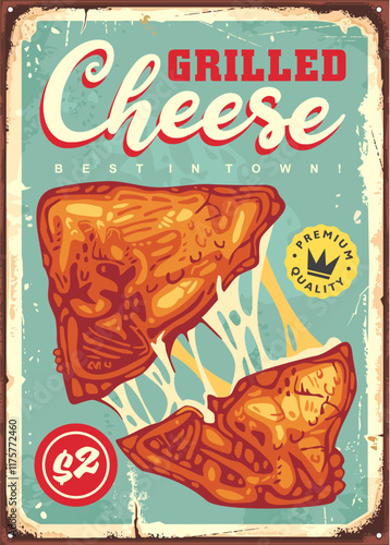 Grilled cheese retro restaurant menu sign. Food and drinks vintage poster with tasty cheese. Diner vector illustration.
