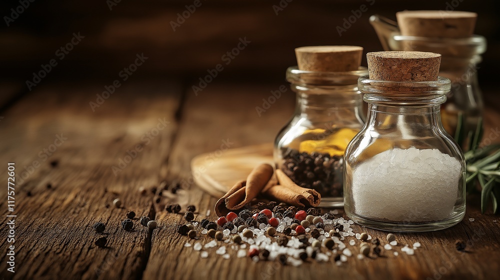 A rustic wooden kitchen table with two glass salt and pepper shakers and peppercorns strewn around symbolises a comfortable cooking space and necessary kitchen condiments. A rustic wooden kitchen table with two glass salt and pepper shakers and peppercorns strewn around symbolises a comfortable cooking space and necessary kitchen condiments.