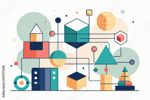 Geometric shapes form an imaginative cityscape filled with colorful structures and connecting lines, Consider using geometric shapes to convey a sense of structure and organization