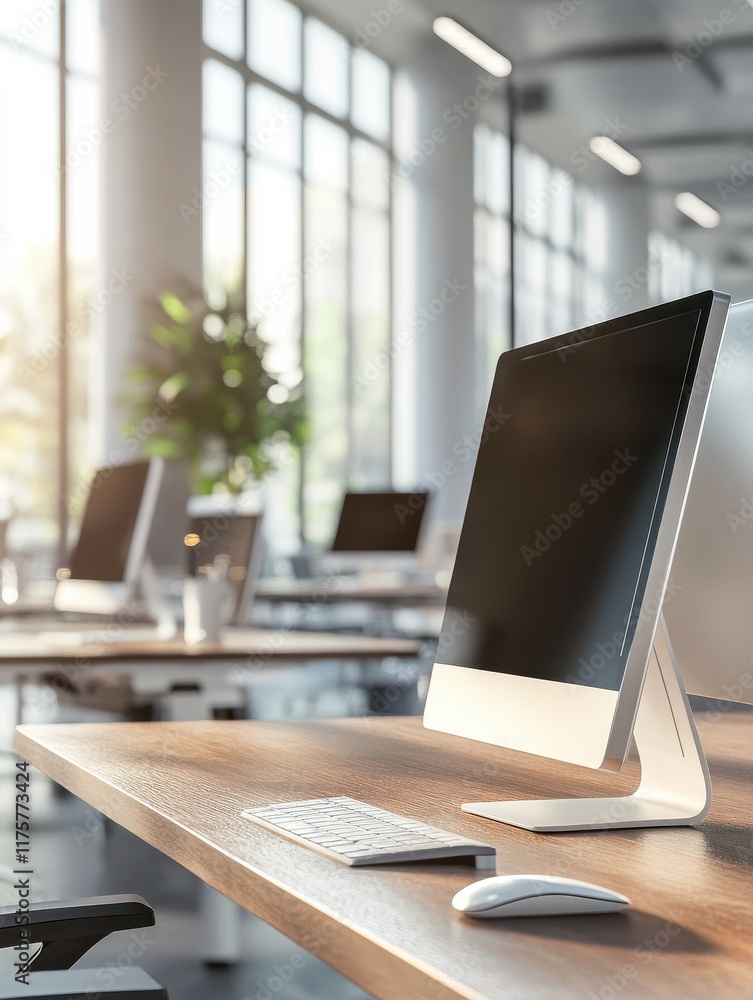Modern corporate workspace with blurred background showcasing desks and computers during daylight Modern corporate workspace with blurred background showcasing desks and computers during daylight