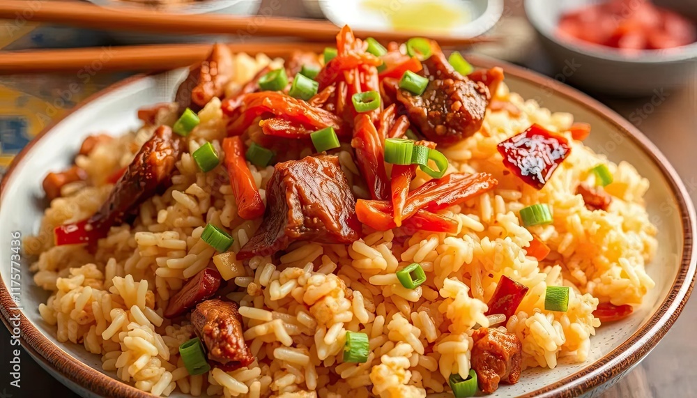 Delicious stir-fried rice with meat and vegetables on a plate, ready to eat Delicious stir-fried rice with meat and vegetables on a plate, ready to eat