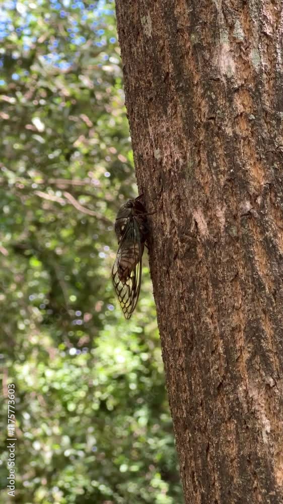 Close up of singing cicada on the trunk, video with sound Close up of singing cicada on the trunk, video with sound