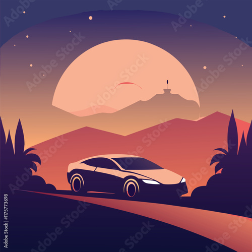 A sleek car cruises along a winding road as the sun sets behind distant mountains, casting warm hues, Construct a logo that embodies the sleek and sophisticated design of a luxury vehicle