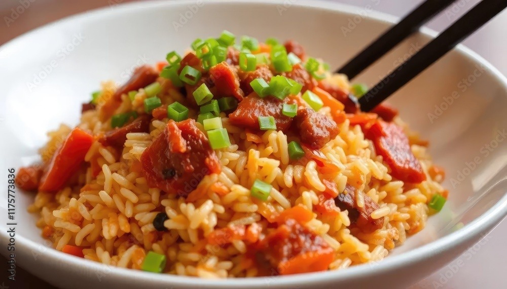 Bowl of savory rice dish with meat and vegetables Bowl of savory rice dish with meat and vegetables