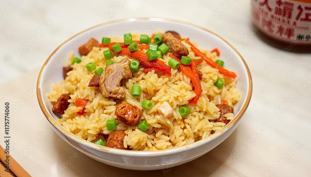 Bowl of rice dish with meat and vegetables on marble surface. Possible stock photo Bowl of rice dish with meat and vegetables on marble surface. Possible stock photo