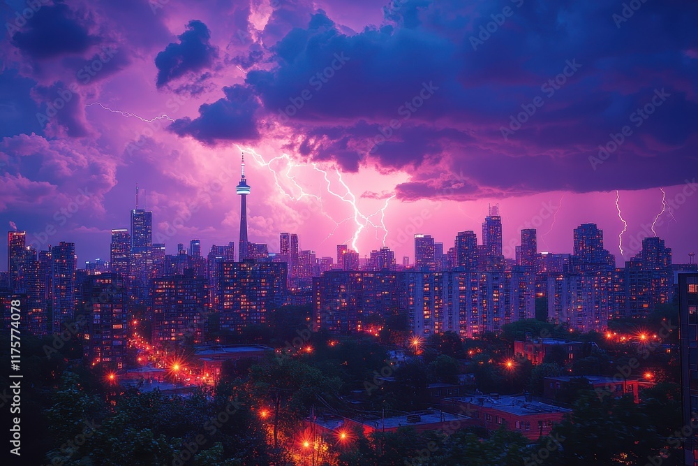 Obraz premium Vibrant stormy sky over Toronto skyline illuminated by lightning at dusk
