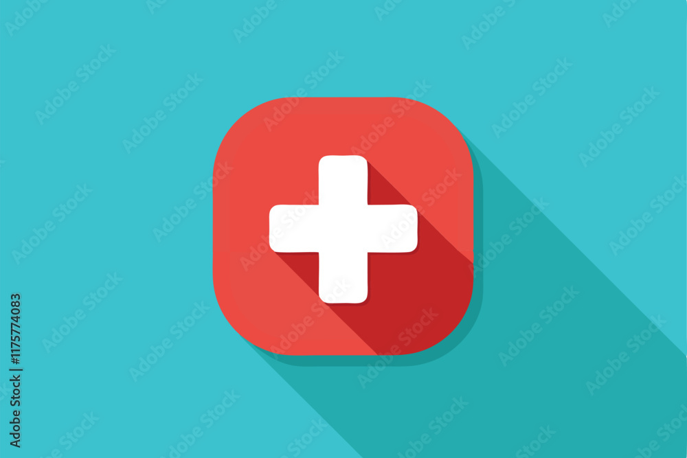 Obraz premium A contemporary healthcare app icon shows a red square with a white cross, set against a teal backdrop, Contemporary representation of a healthcare app icon with a medical cross