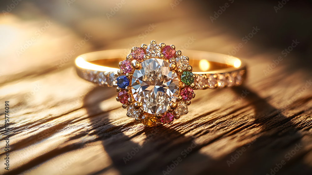A stunning gold ring featuring a large central diamond surrounded by various colorful gemstones, illuminated by natural light. A stunning gold ring featuring a large central diamond surrounded by various colorful gemstones, illuminated by natural light.