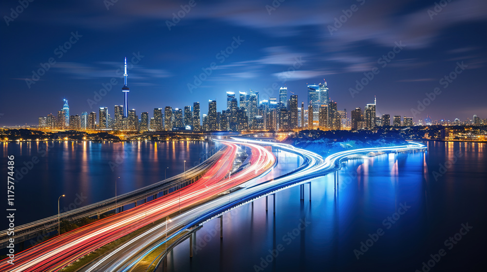 Fototapeta premium Vibrant City Skyline at Night with Illuminated Highway Bridge