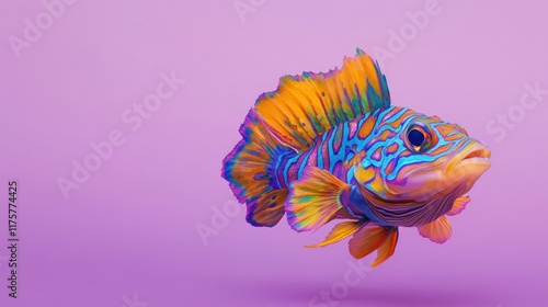 Vibrant colorful fish on purple background.