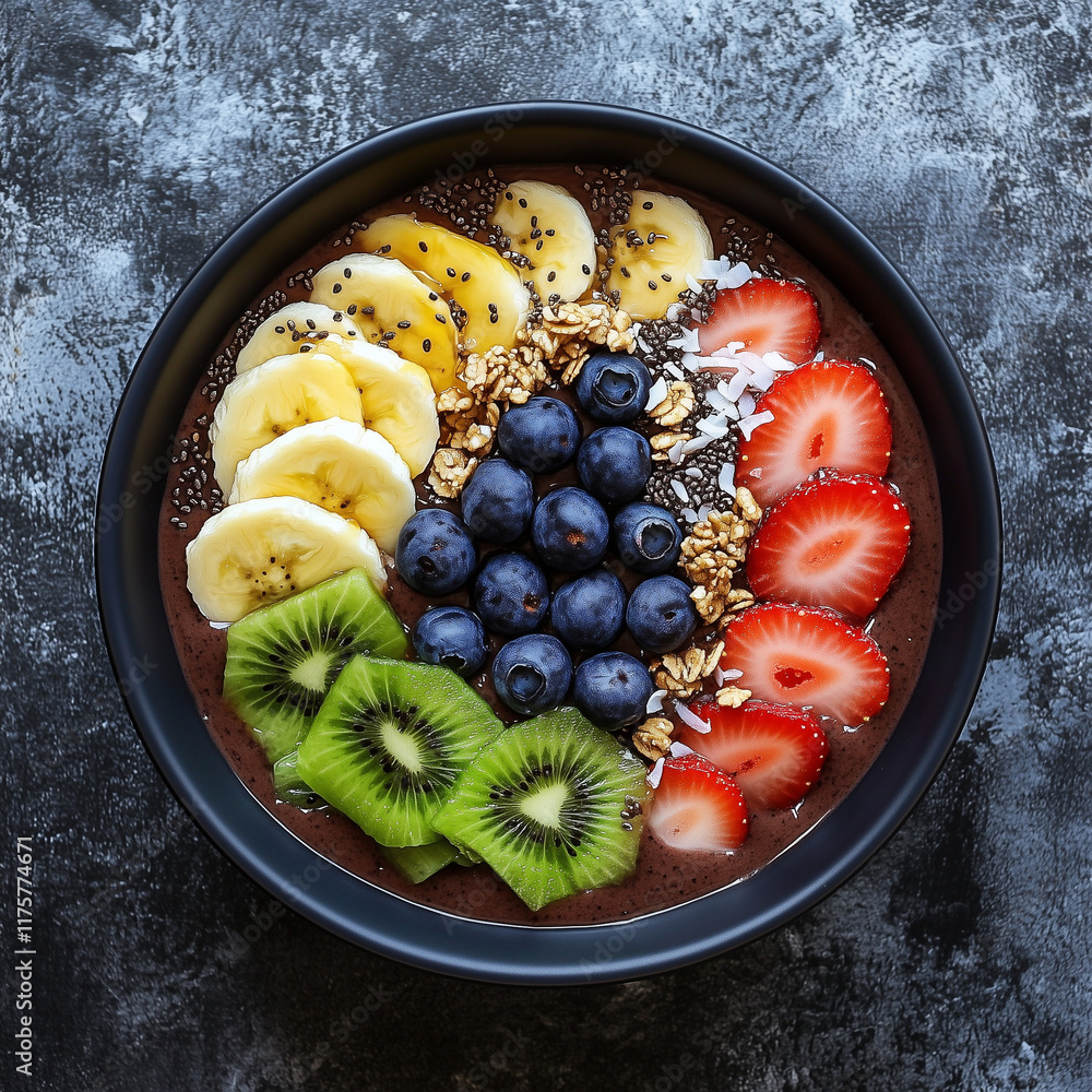 A bright and vibrant smoothie bowl filled with creamy açai, topped with an assortment of fresh fruit like sliced bananas, kiwi, strawberries, and blueberries