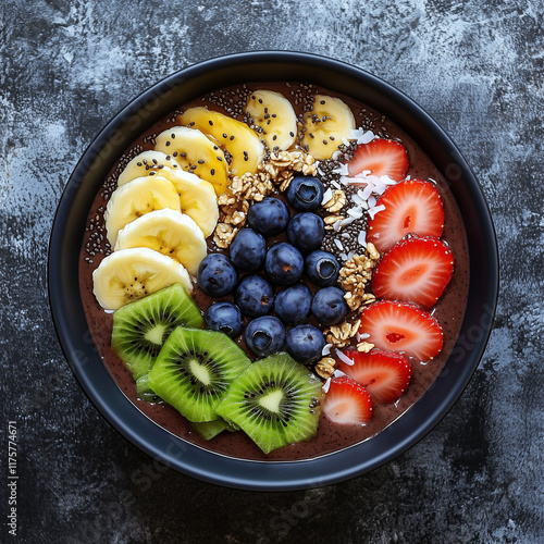 Obraz na płótnie A bright and vibrant smoothie bowl filled with creamy açai, topped with an assortment of fresh fruit like sliced bananas, kiwi, strawberries, and blueberries w salonie
