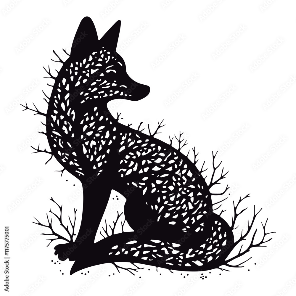 Obraz premium Cute silhouette fox branches black vector illustration 