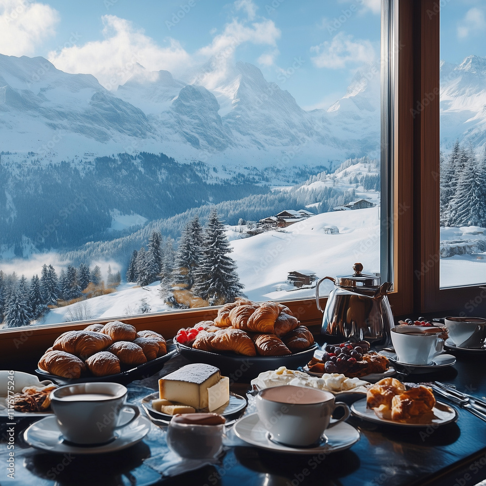 As dawn breaks over the snow-capped peaks of the Swiss Alps, a cozy alpine chalet offers a luxurious breakfast spread. Fluffy croissants, fresh fruit, and warm Swiss cheeses are paired