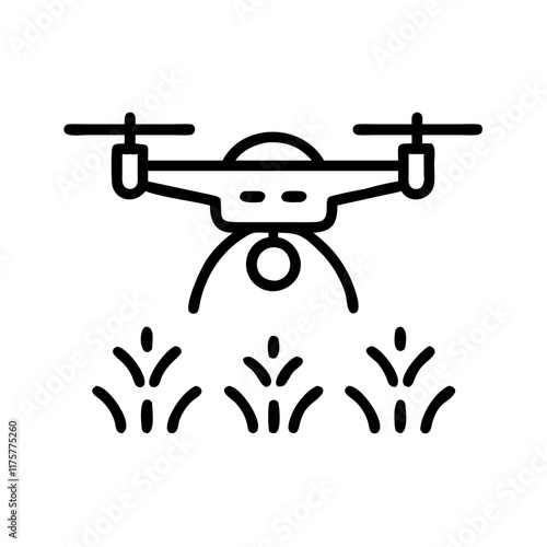 Simple Black and White Icon of a Drone Spraying Crops for Agricultural Solutions