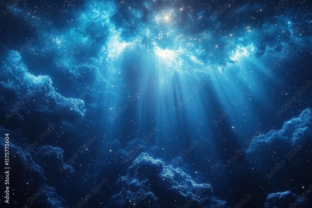 Sweeping view of a cosmic landscape with rays of light illuminating the dark expanse of space Sweeping view of a cosmic landscape with rays of light illuminating the dark expanse of space