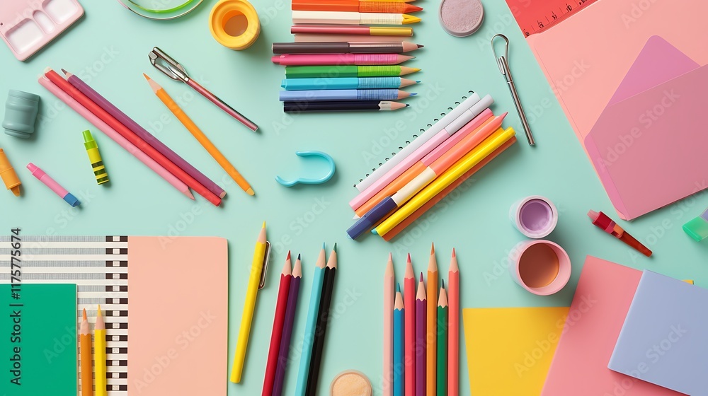 Colorful Stationery Supplies Arranged on a Pastel Background Colorful Stationery Supplies Arranged on a Pastel Background