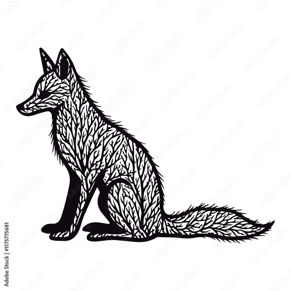 Fototapeta premium Cute silhouette fox branches black vector illustration