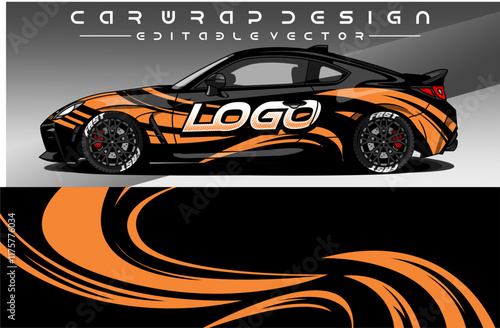 Car wrap decal design with orange black colour. Livery car sticker abstract motif. Editable Vector. Suitable for racing, rally, daily use, etc