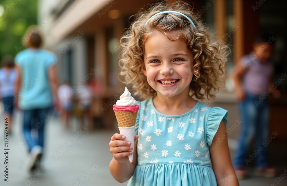 Happy little girl smiles broadly holding ice cream cone. Summer day in city. Child enjoys treat outdoors. Adorable girl wearing light blue dress with flower pattern. Background features blurred Happy little girl smiles broadly holding ice cream cone. Summer day in city. Child enjoys treat outdoors. Adorable girl wearing light blue dress with flower pattern. Background features blurred