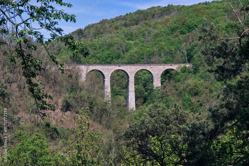 A high railway viaduct over the valley near Zampach, Czech republic