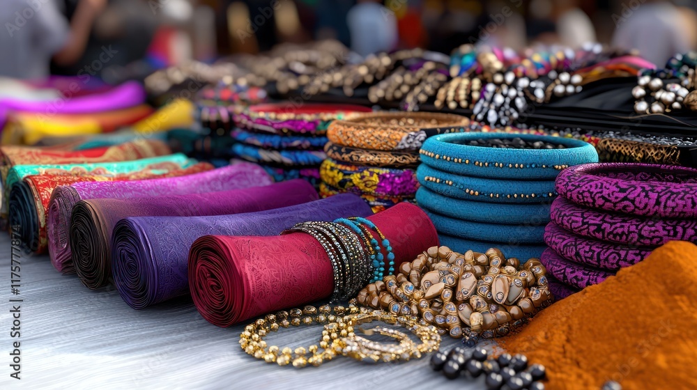 Colorful display of textiles and jewelry at a market. Colorful display of textiles and jewelry at a market.