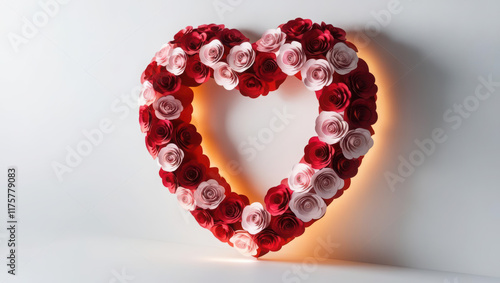 glowing heart shaped wreath made of red and pink paper roses, perfect for romantic occasions and celebrations