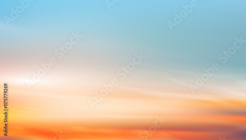 Sky Sunset,Cloud Background.Summer Sunrise sky in blue,yellow,orange over sea in morning,Vector cartoon sundown on beach in evening,Horizon beautiful Spring nature of dramatic sunny.Winter climate sky