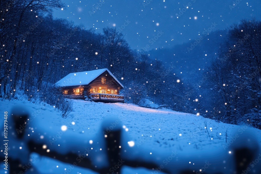 Fototapeta premium Cozy wooden cabin illuminated at night during snowfall in a serene winter landscape