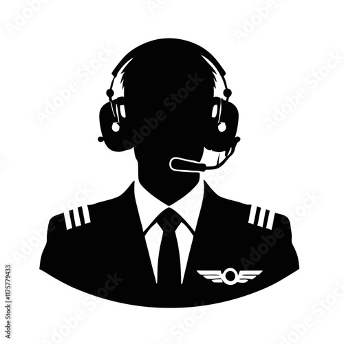 Professional pilot silhouette wearing headset and uniform on clear background