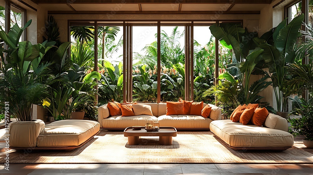 Fototapeta premium Relaxing living room with lush greenery modern design indoor cozy
