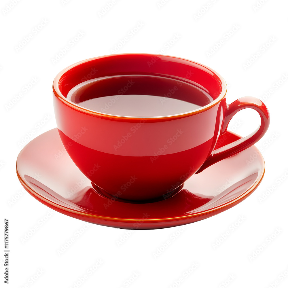 A bright red tea cup and saucer set placed on a clean transparent background for a vibrant and inviting presentation, red tea cup isolated on transparent background A bright red tea cup and saucer set placed on a clean transparent background for a vibrant and inviting presentation, red tea cup isolated on transparent background