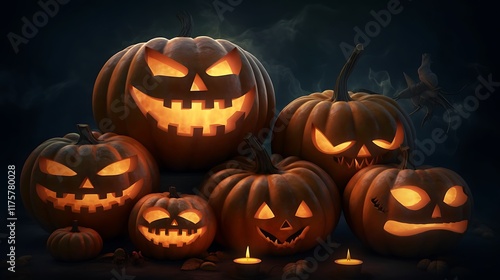 Illuminated Jackolanterns Glowing In Dark Halloween Night